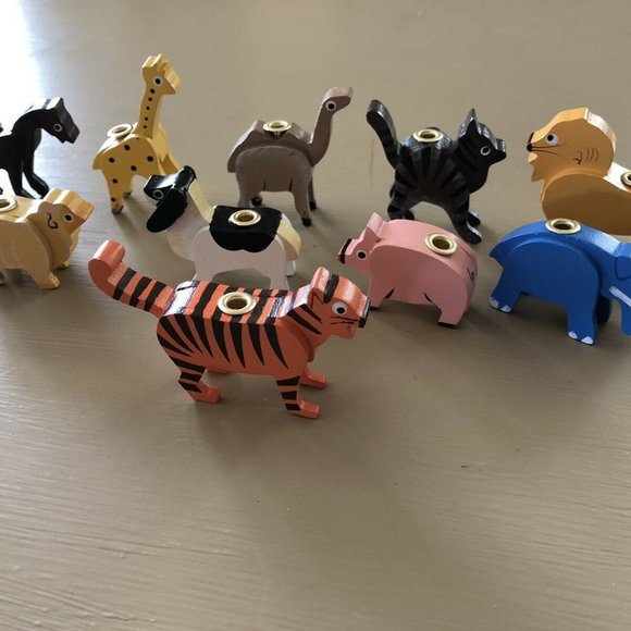 Birthday Animal Candleholders Restoration Hardware 10 Pieces Wood Hand Painted - Picture 4 of 4